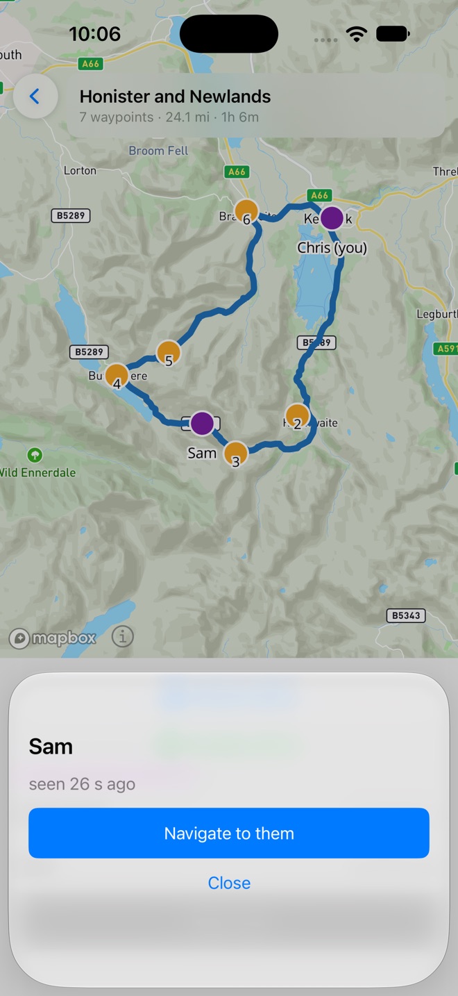 The same overview with Sam's pin tapped: a sheet reading Sam, seen 26 s ago, with a Navigate to them button