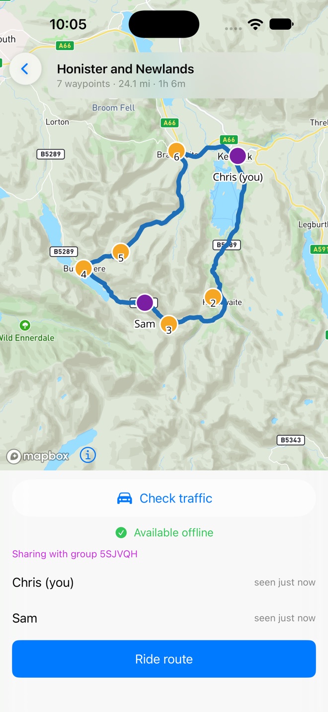 Routehold's route overview: the Honister and Newlands loop from Keswick with Chris (you) at Keswick and Sam on Honister Pass, both shown as pins on the route, and the group list below reading Sharing with group 5SJVQH