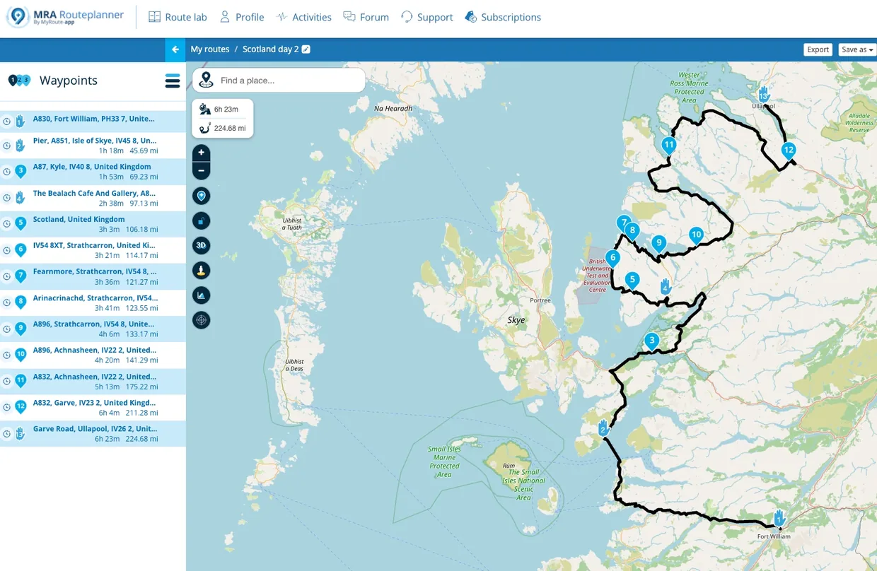 A MyRouteApp route named Scotland day 2, 224.68 miles, with 13 numbered points and one continuous black route from Fort William to Ullapool.